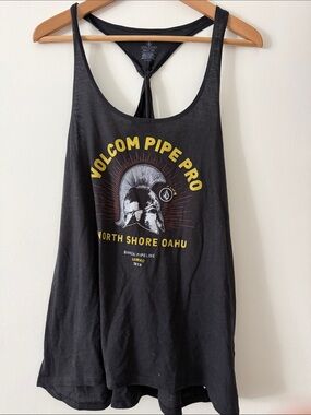 Volcom Pipe Pro 2016 Black Racerback Tank with Yellow & White Surf Graphic